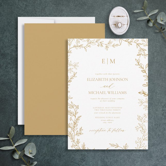 Invitación Boda de Monograma Elegante Mínimo Leaf Gold (Subido por el creador)