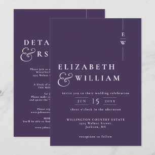 Invitación Boda de monograma elegante moderno todo en uno púr