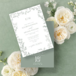 Invitación Boda de Monograma Elegante Verde con hoja de códig