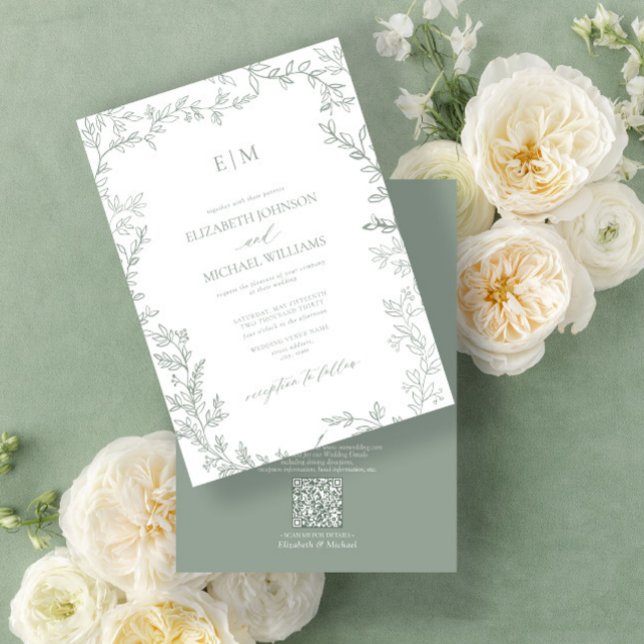 Invitación Boda de Monograma Elegante Verde con hoja de códig (Easily personalize this bestselling sage green invitation for the perfect wedding!)