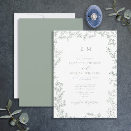 Invitación Boda de monograma elegante verde de hoja mínima
