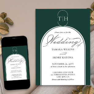 Invitación Boda de monograma en verde esmeralda con caligrafí