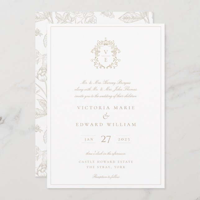 Invitación Boda de monograma Escudo Beige (Anverso / Reverso)