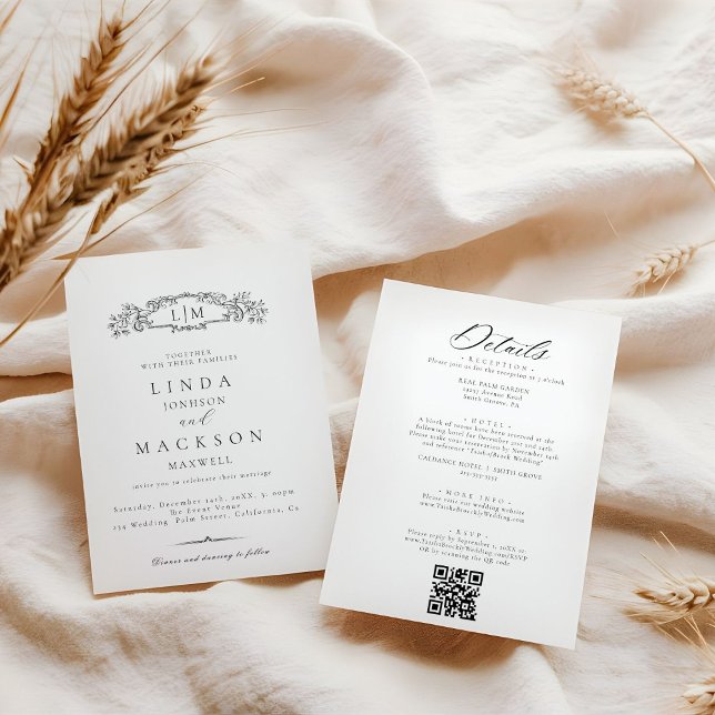 Invitación Boda de monograma escudo botánico elegante y de Mo (Subido por el creador)