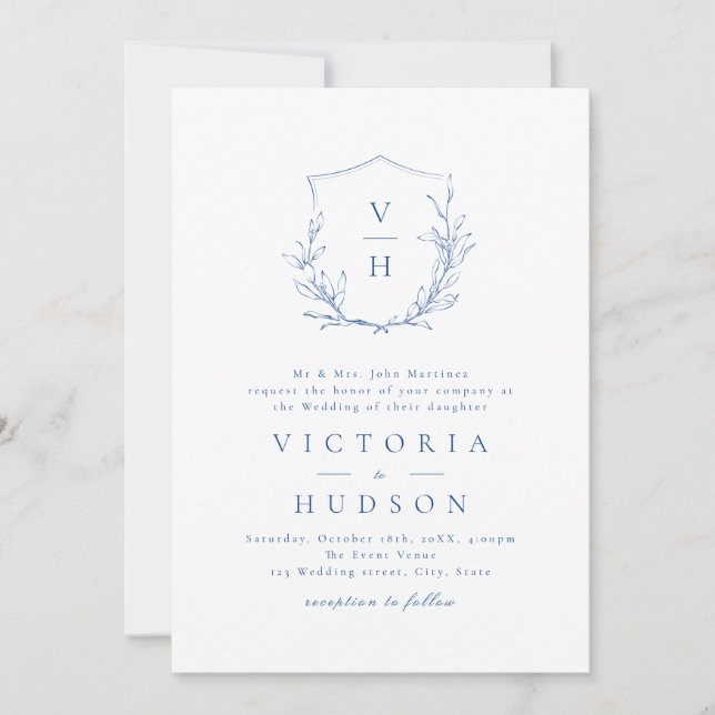 Invitación Boda de monograma escudo botánico simple azul (Anverso)