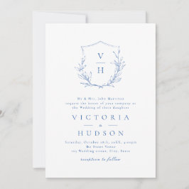 Invitación Boda de monograma escudo botánico simple azul