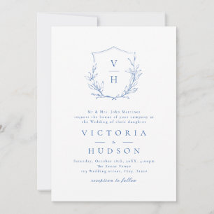 Invitación Boda de monograma escudo botánico simple azul