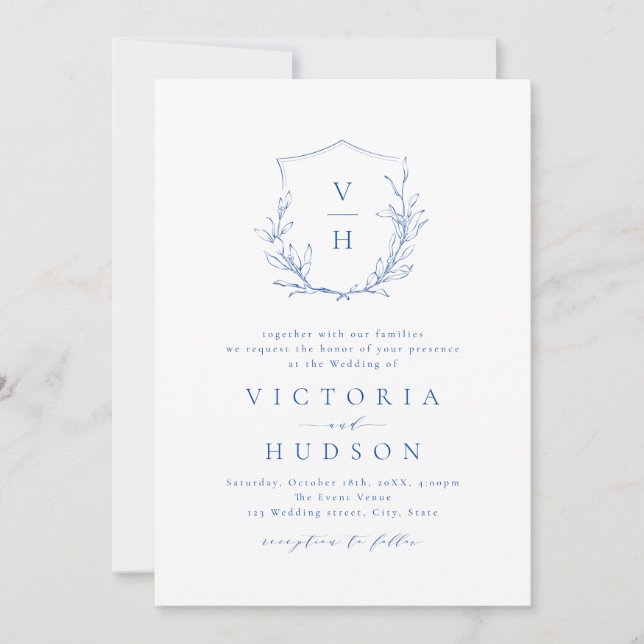 Invitación Boda de monograma escudo botánico simple azul (Anverso)