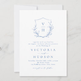 Invitación Boda de monograma escudo botánico simple azul