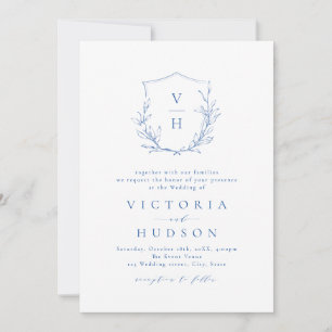 Invitación Boda de monograma escudo botánico simple azul