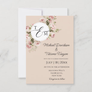 Invitación Boda de Monograma Floral Acuarela Rosa Claro