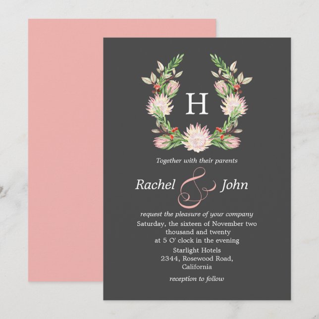 Invitación Boda de monograma floral australiano gris formal (Anverso / Reverso)