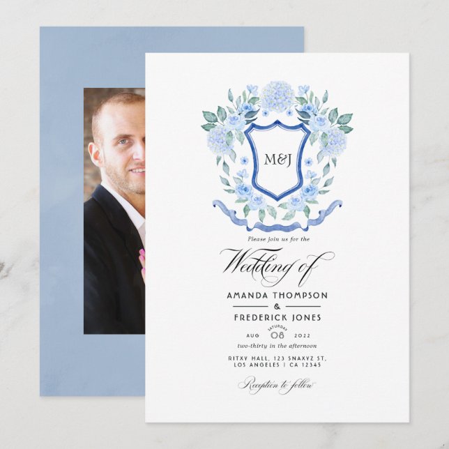 Invitación Boda de Monograma Floral Azul Escudo (Anverso / Reverso)