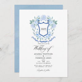 Invitación Boda de Monograma Floral Azul Escudo