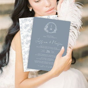 Invitación Boda de monograma floral azul polvoriento clásico