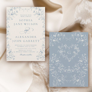 Invitación Boda de Monograma Floral Azul Romántico