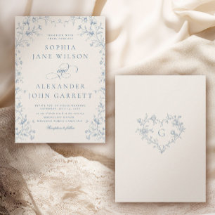 Invitación Boda de Monograma Floral Azul Romántico