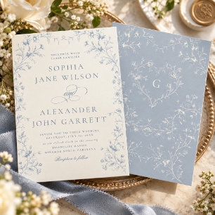 Invitación Boda de Monograma Floral Azul Romántico