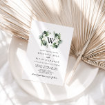 Invitación Boda de Monograma Floral Blanca de Verdor Tropical<br><div class="desc">Esta invitación a una boda con un monograma floral y de vegetación tropical es perfecta para una boda de destino. El diseño incluye ramos de hojas de palmera verdes con flores blancas adorables.</div>
