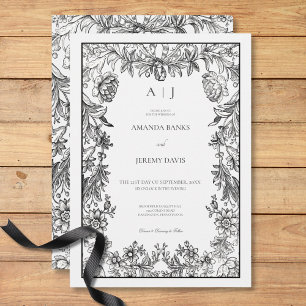 Invitación Boda de monograma floral blanco y negro