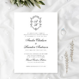 Invitación Boda de Monograma Floral Blanco y Negro Formal Esc