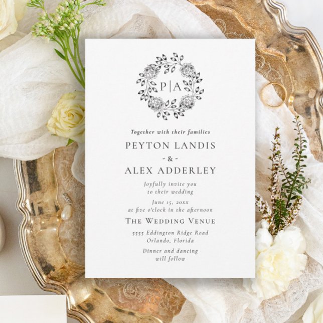 Invitación Boda de monograma floral clásico blanco negro Invi (Subido por el creador)