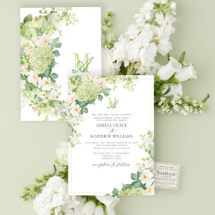 Invitación Boda de Monograma Floral de Hortensia Verde Formal