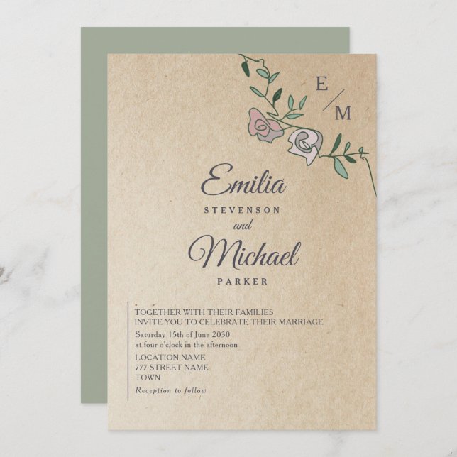 Invitación Boda de monograma floral de Kraft ruso (Anverso / Reverso)