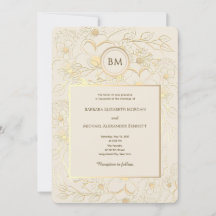 Boda de Monograma Floral de Marfil Dorado Elegante