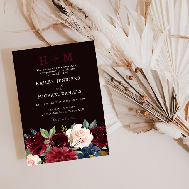 Invitación Boda de Monograma Floral de Vino Rojo de Borgoña (Subido por el creador)