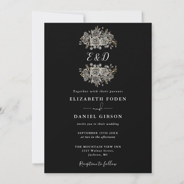 Invitación Boda De Monograma Floral Gótico Negro Y Blanco (Anverso)