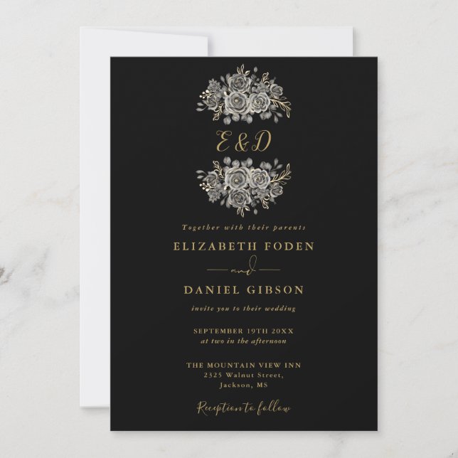 Invitación Boda De Monograma Floral Gótico Negro Y Oro (Anverso)