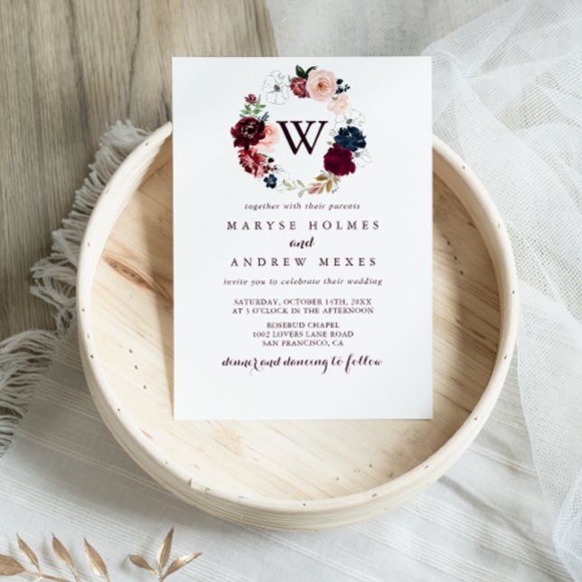 Invitación Boda de monograma floral ilustrado con acuarela (Subido por el creador)