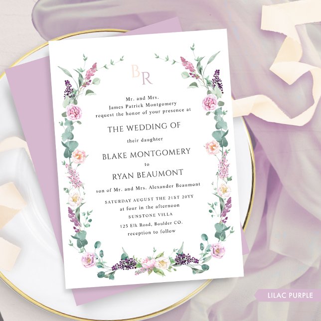 Invitación Boda de Monograma Floral Lilac Purple Pastel Flora (Subido por el creador)