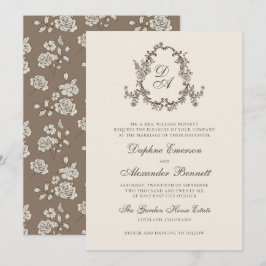 Invitación Boda de Monograma Floral Marrón Vintage con Escudo