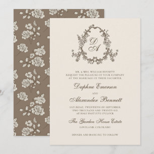Invitación Boda de Monograma Floral Marrón Vintage con Escudo