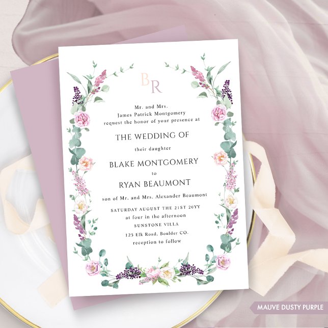 Invitación Boda de Monograma Floral Mauve Púrpura Púrpura Púr (Subido por el creador)