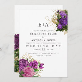 Invitación Boda de monograma floral morado y dorado