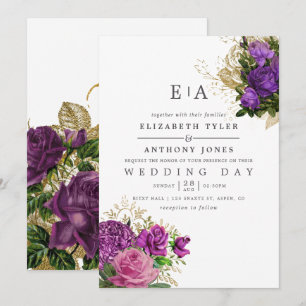 Invitación Boda de monograma floral morado y dorado