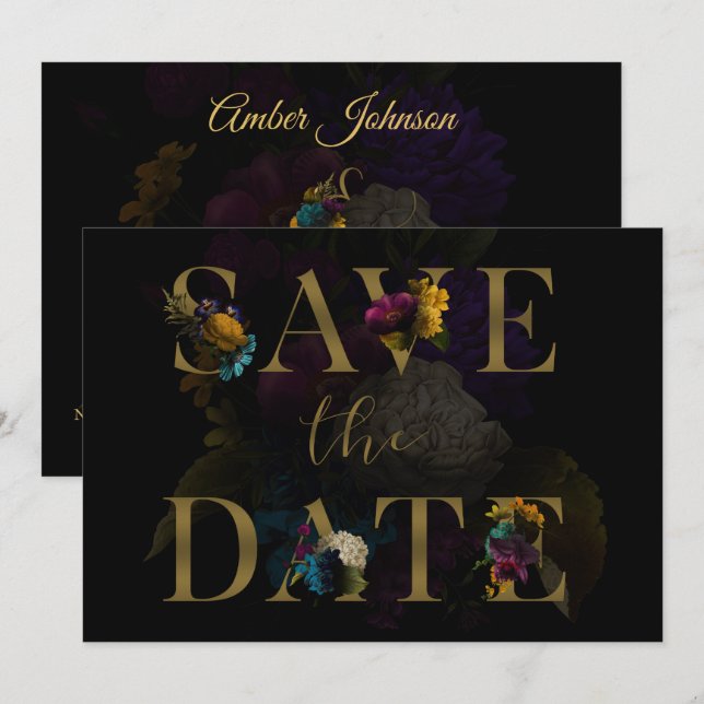 Invitación Boda De Monograma Floral Oscura Salvar La Fecha (Anverso / Reverso)