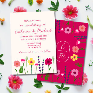 Invitación Boda de monograma floral rosa Fuchsia brillante y