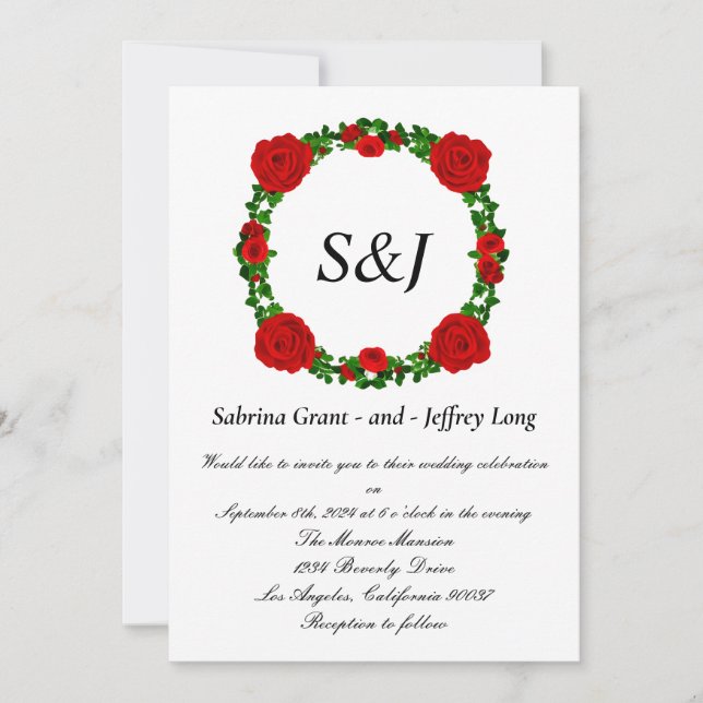 Invitación Boda de Monograma Floral Roses Rojos (Anverso)