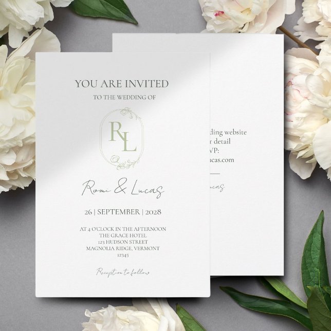 Invitación Boda de monograma floral verde suave de la Casa de (Subido por el creador)