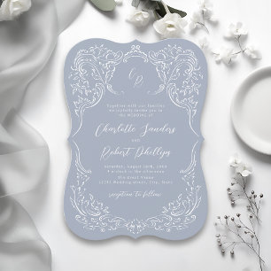 Invitación Boda de monograma floreado vintage azul polvorient