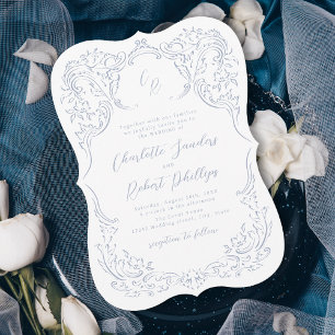Invitación Boda de monograma floreado vintage azul polvorient