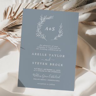 Invitación Boda de monograma formal azul y blanco de hoja mín