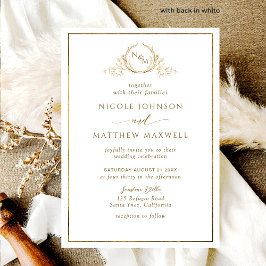 Invitación Boda de Monograma Formal, Elegante Blanco y Oro