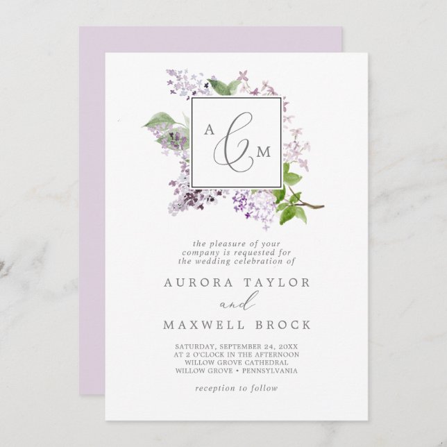 Invitación Boda de monograma formal Lilac Rústico (Anverso / Reverso)