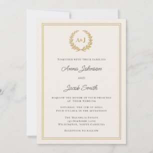 Invitación Boda de Monograma Formal Marfil & Gold Laurel Wrea