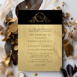 Invitación Boda de Monograma Formal Negro y Oro Elegante
